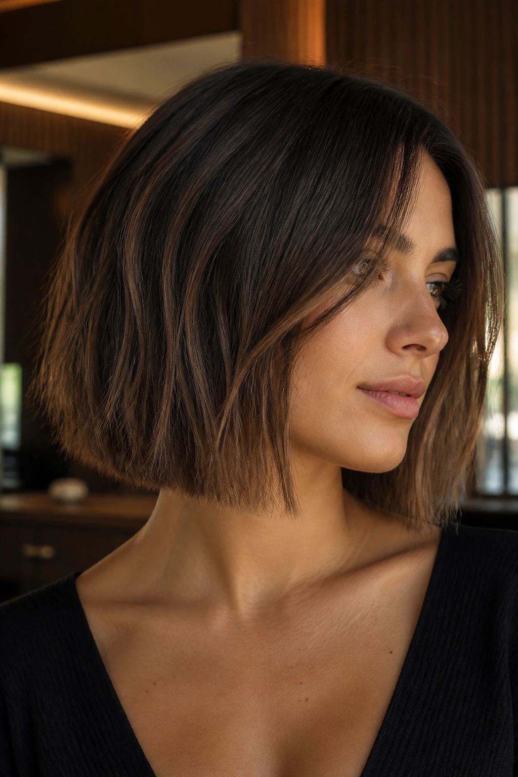 Close-up of a real person with a blunt lob and soft interior texture.