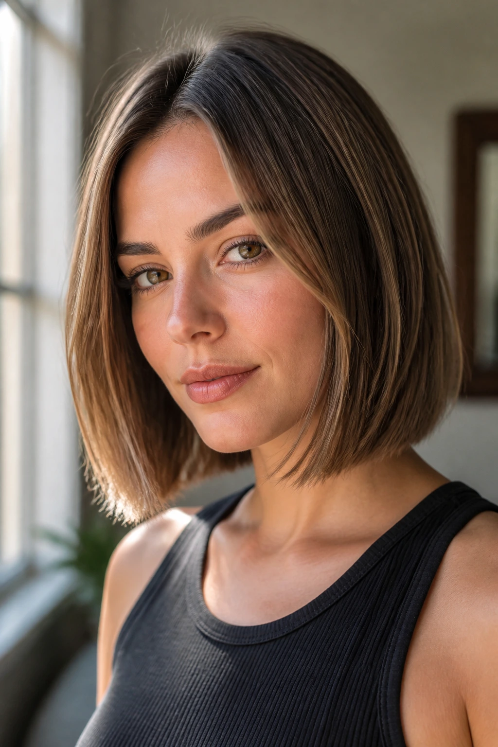 Close-up portrait of a woman with a chin-length blunt lob featuring soft internal texture, warm window light.