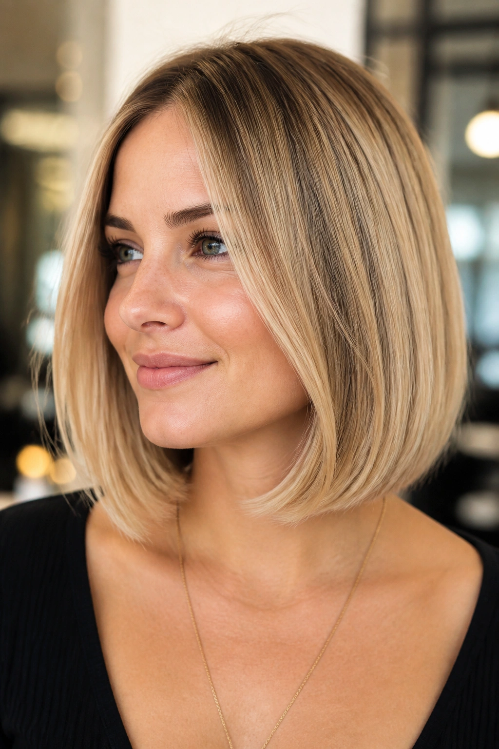 Close-up of a real woman with a blunt lob and hidden texture in blonde hair