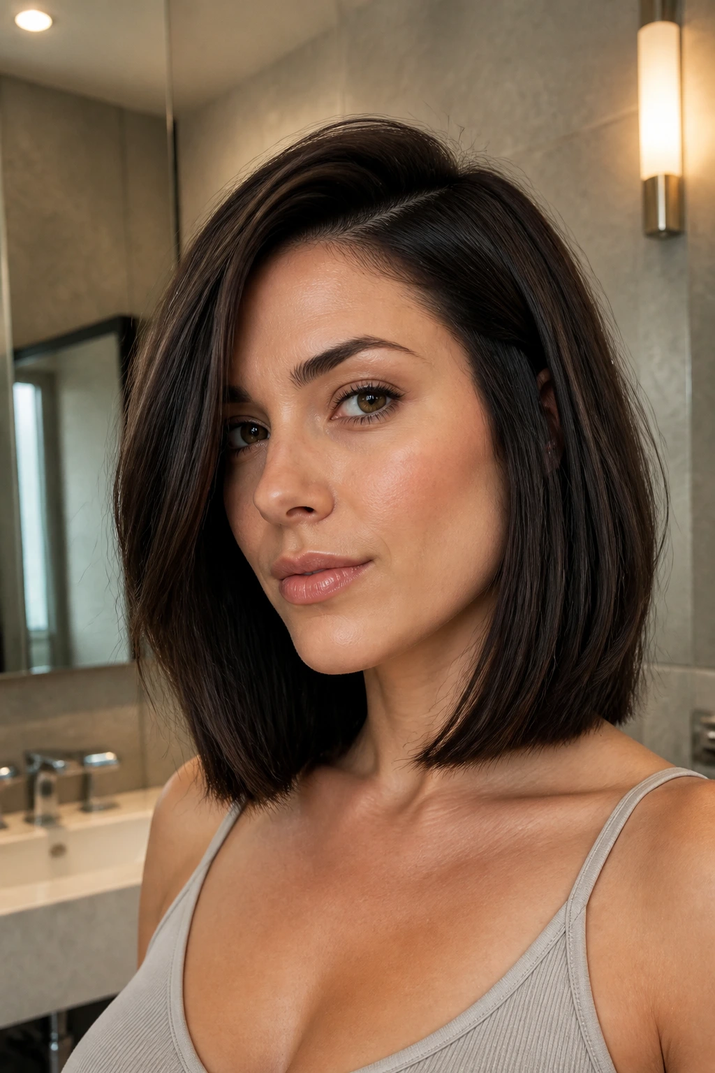 Portrait of a real person with blunt collarbone lob with hidden texture in warm indoor light