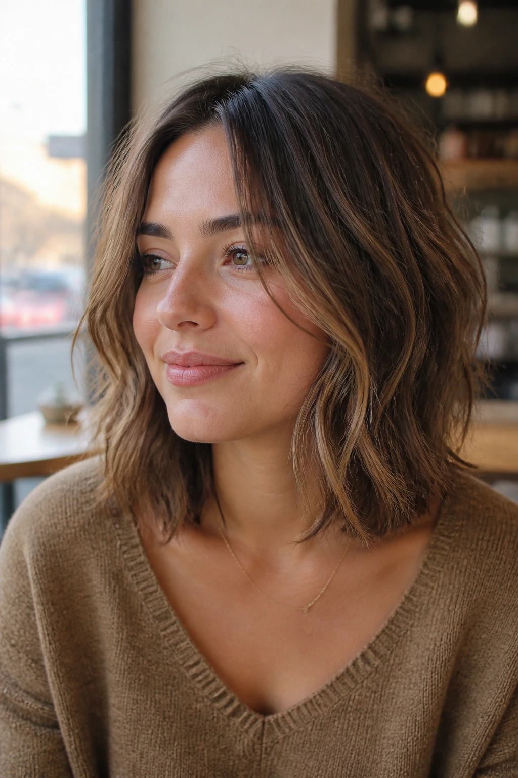 Close-up of a real woman with blunt lob and broken texture in warm cafe light