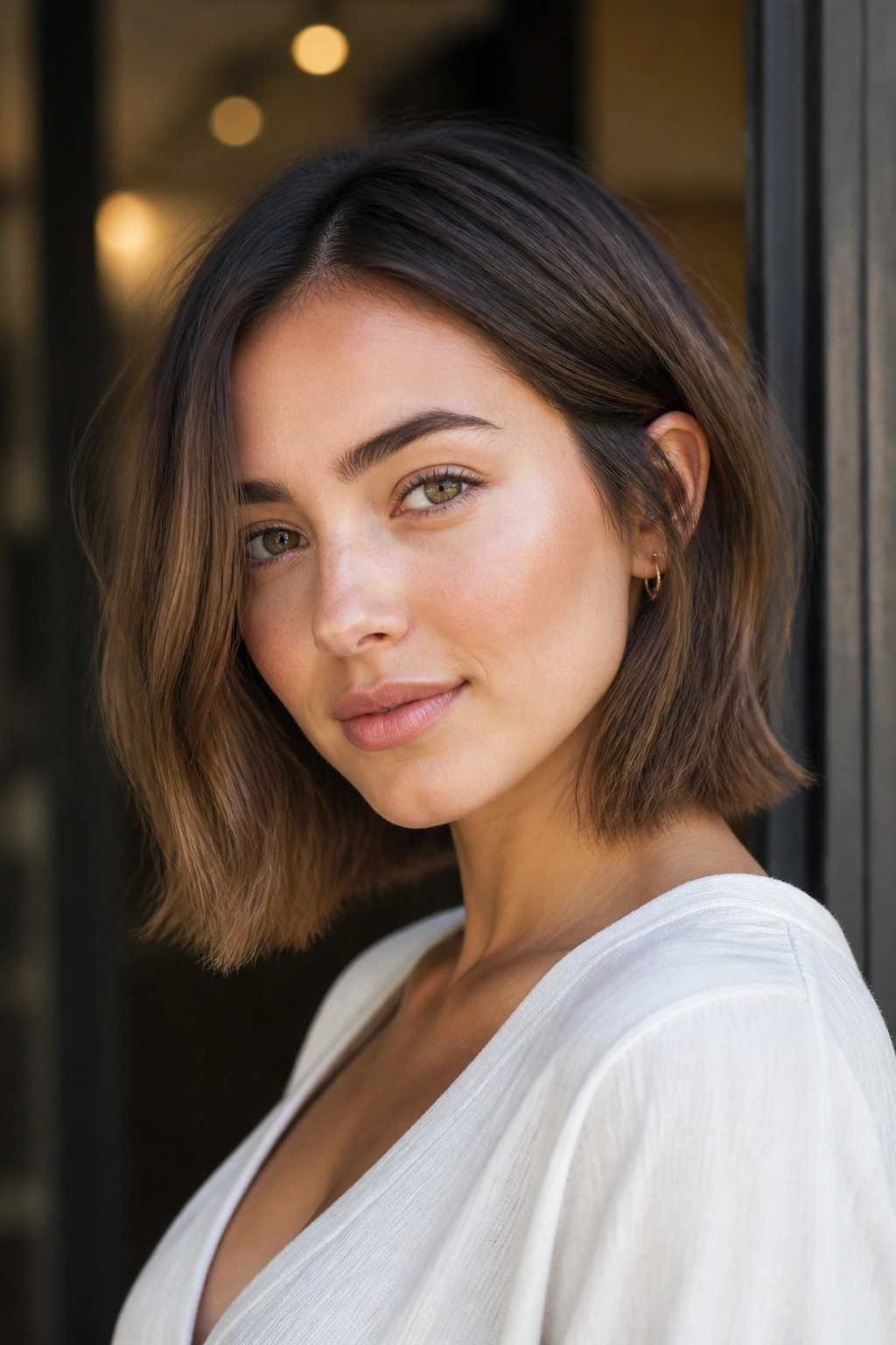 Portrait of a woman with blunt lob and textured tips.