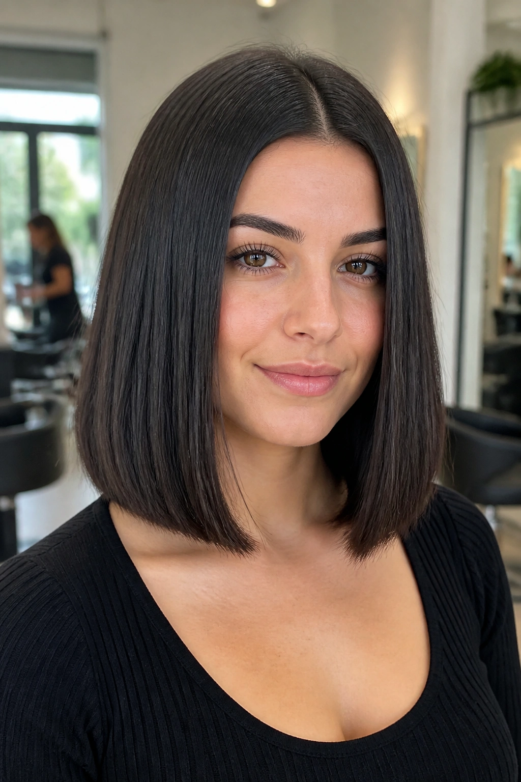 Close-up of real woman with blunt lob at collarbone length