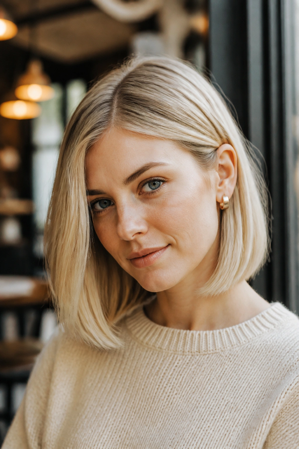 Close-up portrait of a real woman with blunt lob and tucked ends in a cafe