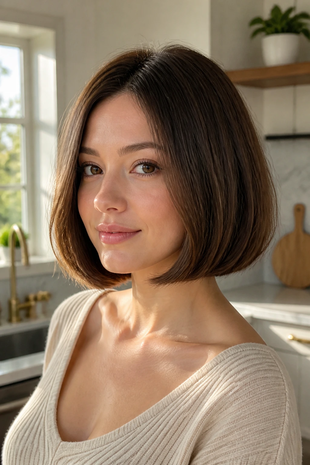 Real person with blunt lob and slight underbevel, close-up portrait.