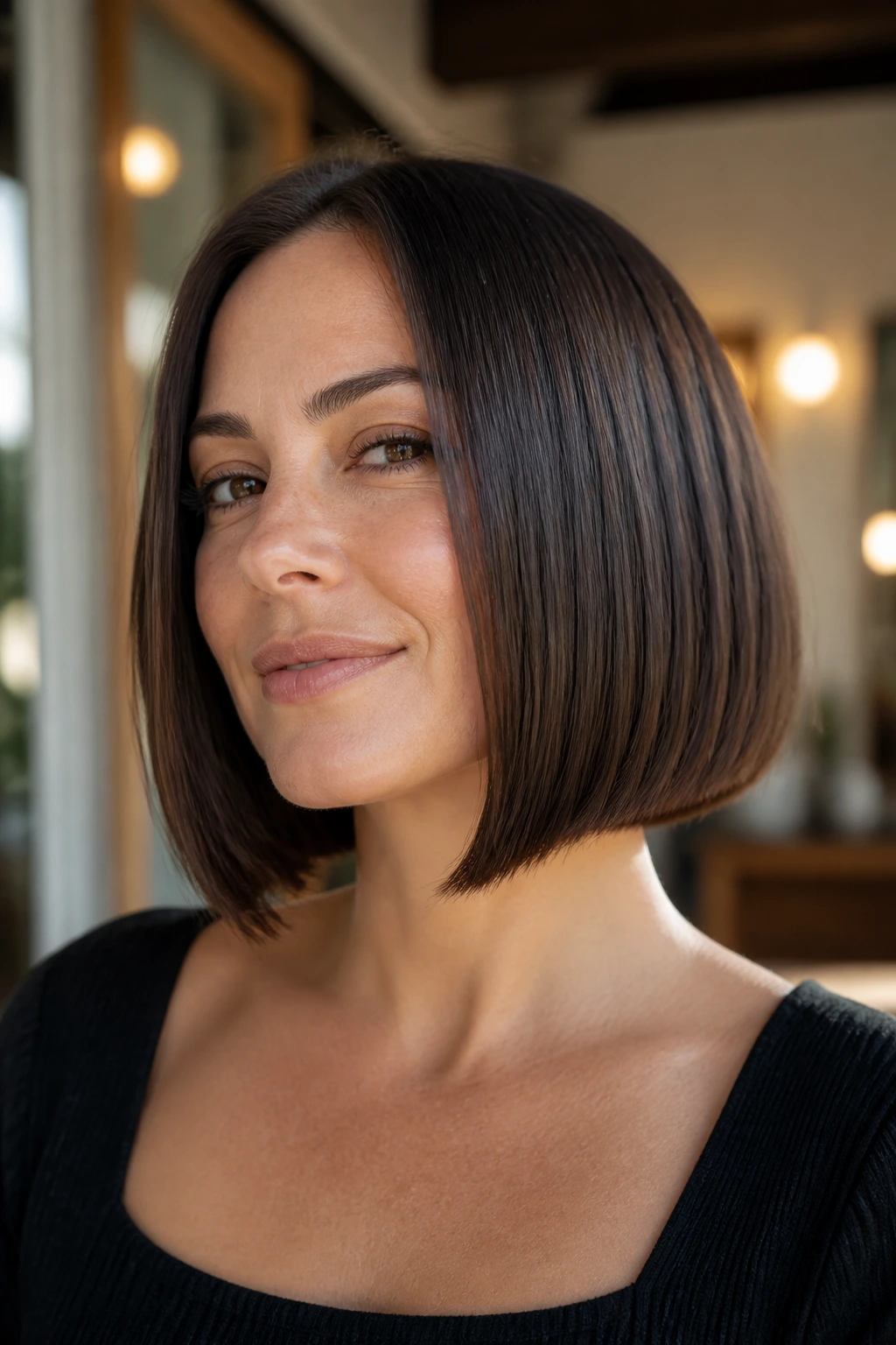 Close-up of a real woman's blunt lob with a soft undercut for a round face.