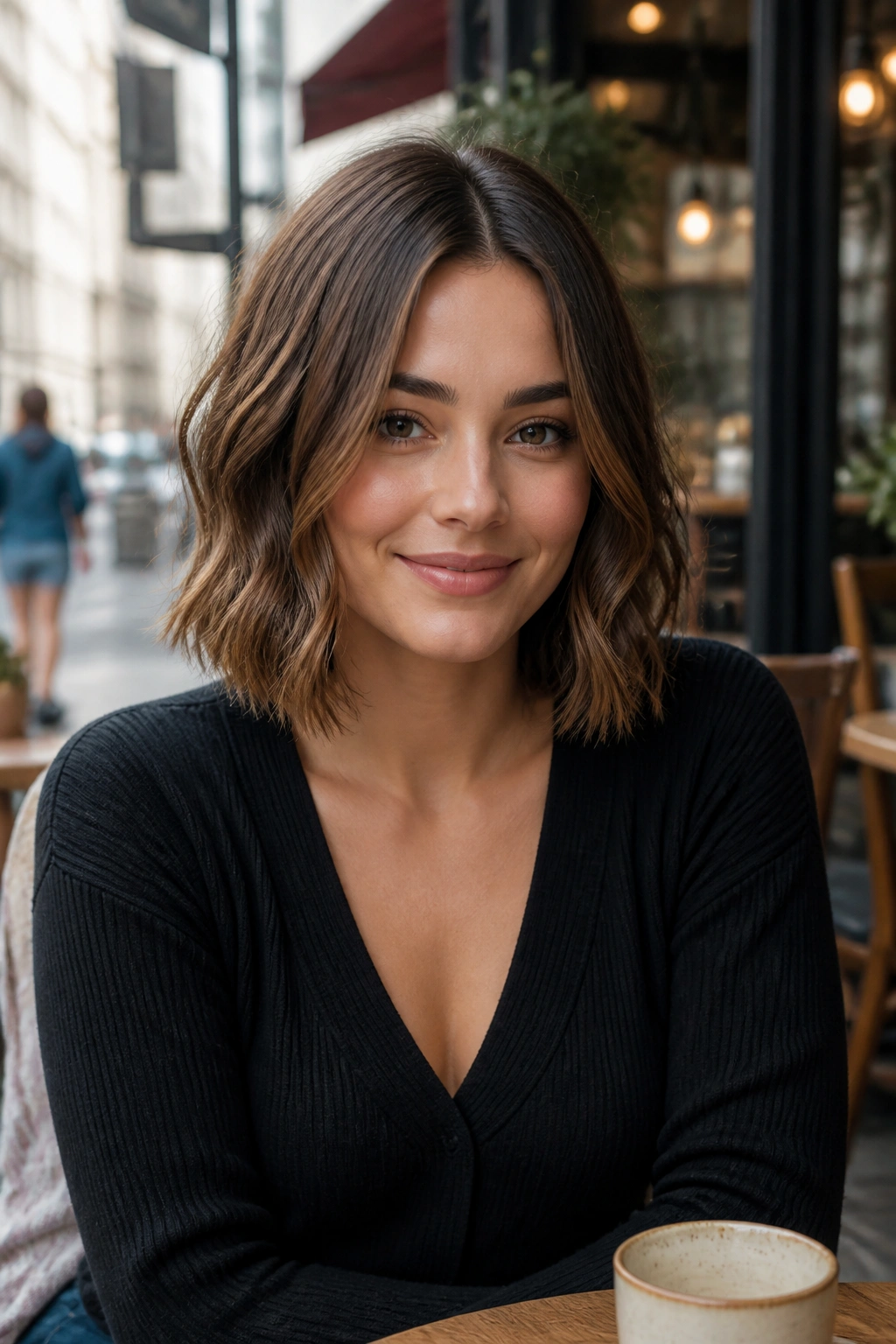 Close-up of a real person with blunt lob in wavy hair under soft daylight