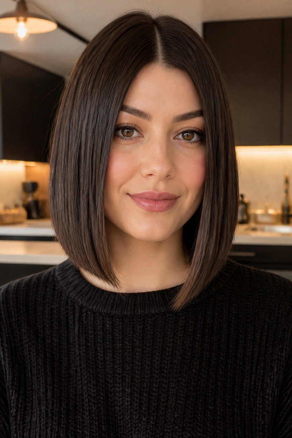Close-up portrait of a real woman with a blunt long bob and extended front corners.