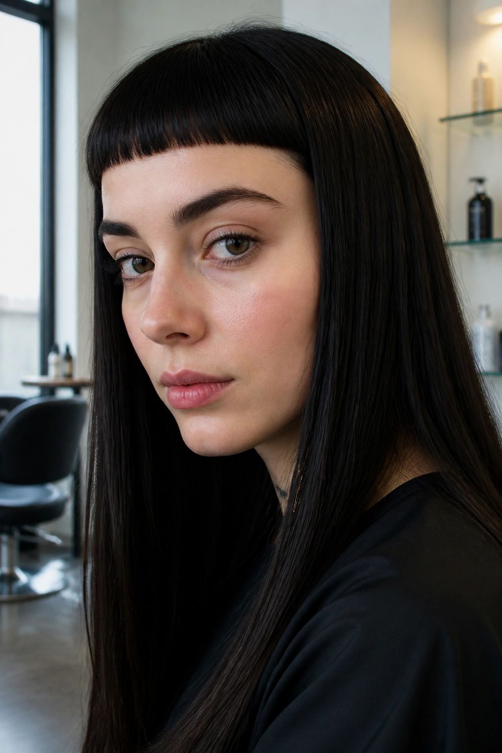 Close-up of a woman with blunt micro bangs on straight hair, crisp edge