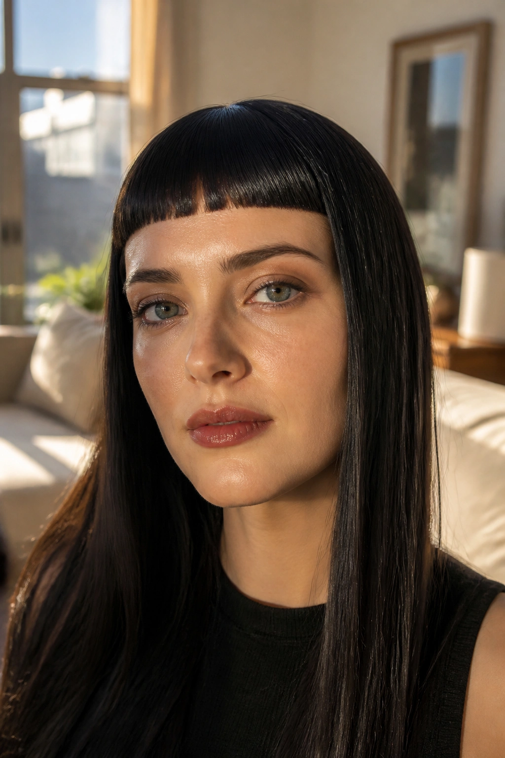 Close-up of blunt micro bangs on a real woman in a sunlit living room