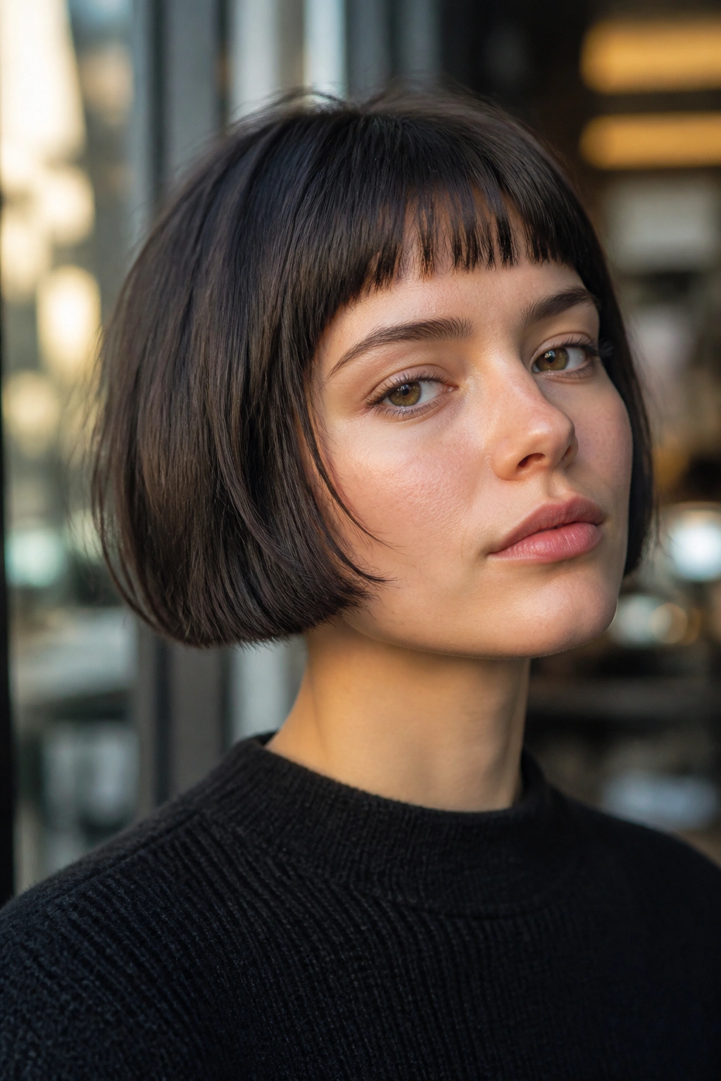 Close-up of a real woman with blunt micro-bob airy bangs