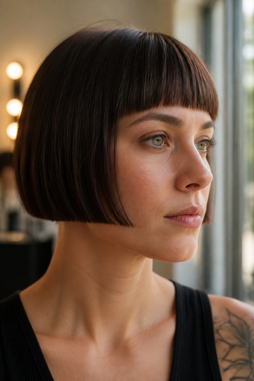 Close-up portrait of a real woman with a blunt micro bob and crisp jawline edge