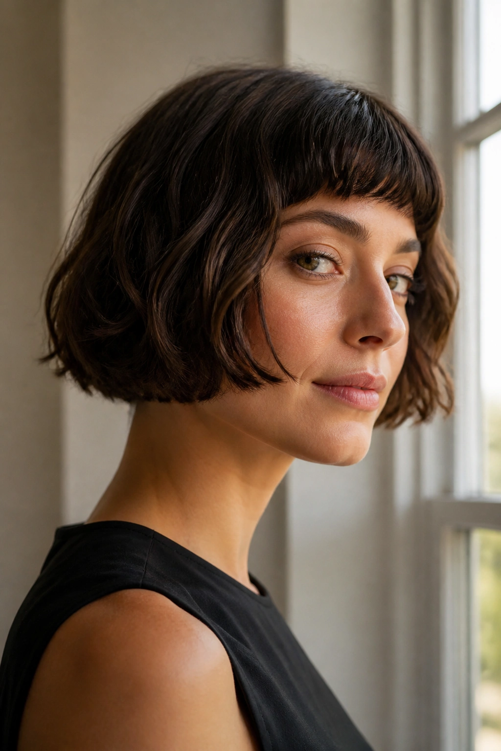 Close-up of a woman with a crisp blunt micro bob and sharp edge in natural light