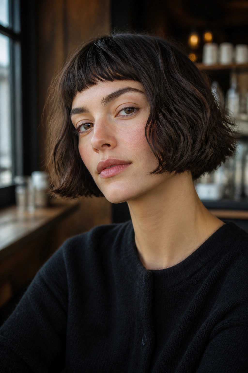 Close-up of a woman with a blunt micro bob at mouth-level among warm cafe background
