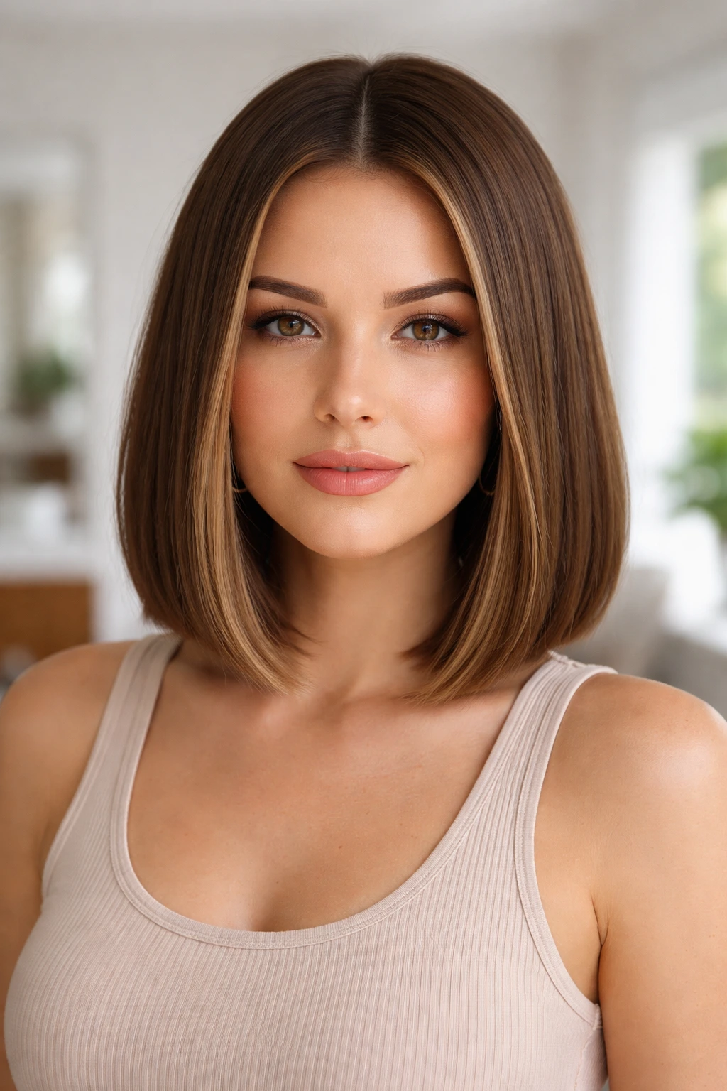 Close-up of a real woman with blunt mid-length bob and middle part