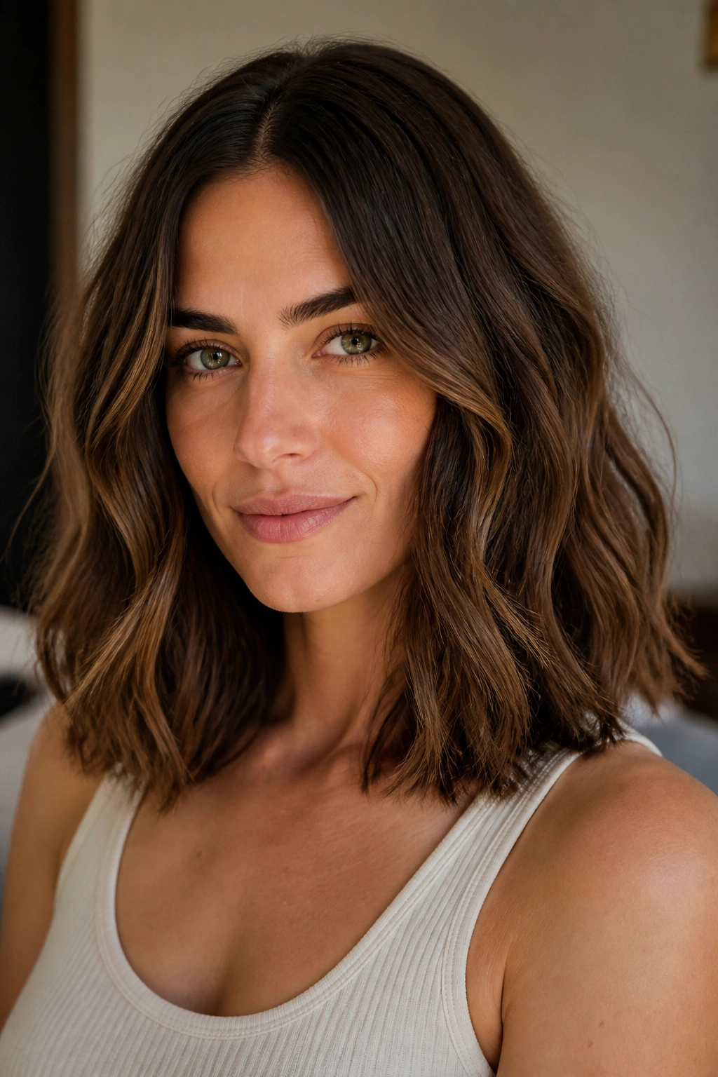 Portrait of a woman with blunt midi cut and softened ends