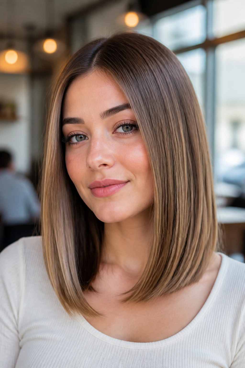 Close-up of a real person with a blunt midi cut featuring beveled ends and collarbone-length hair.