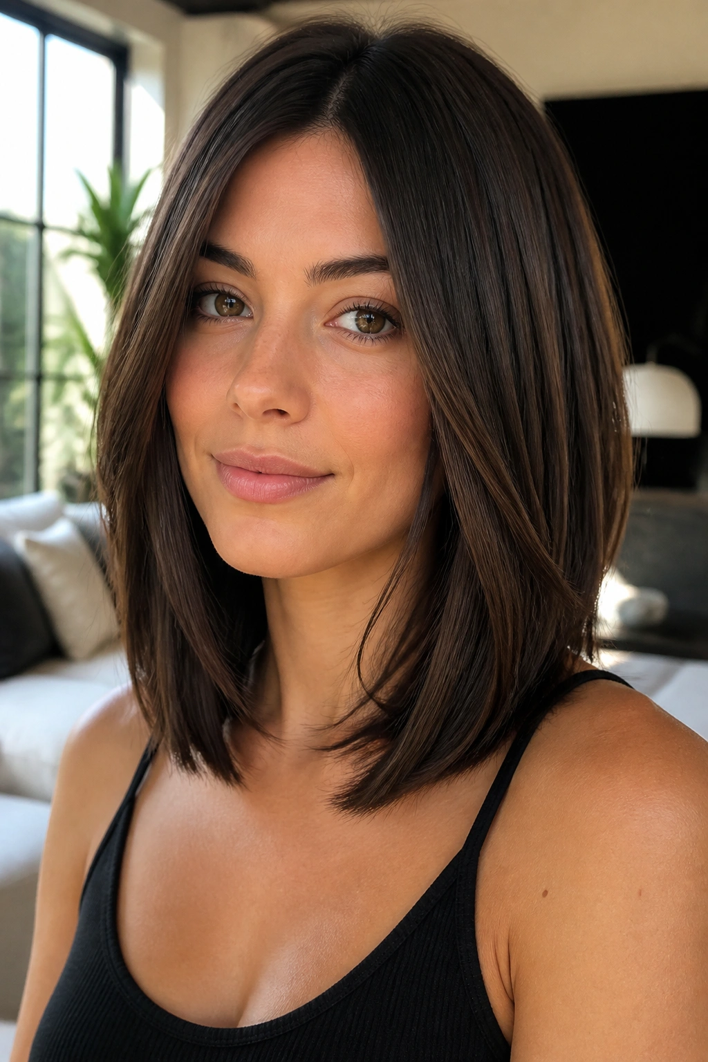 Portrait of a woman with blunt midi cut and subtle internal texture in deep brown hair.