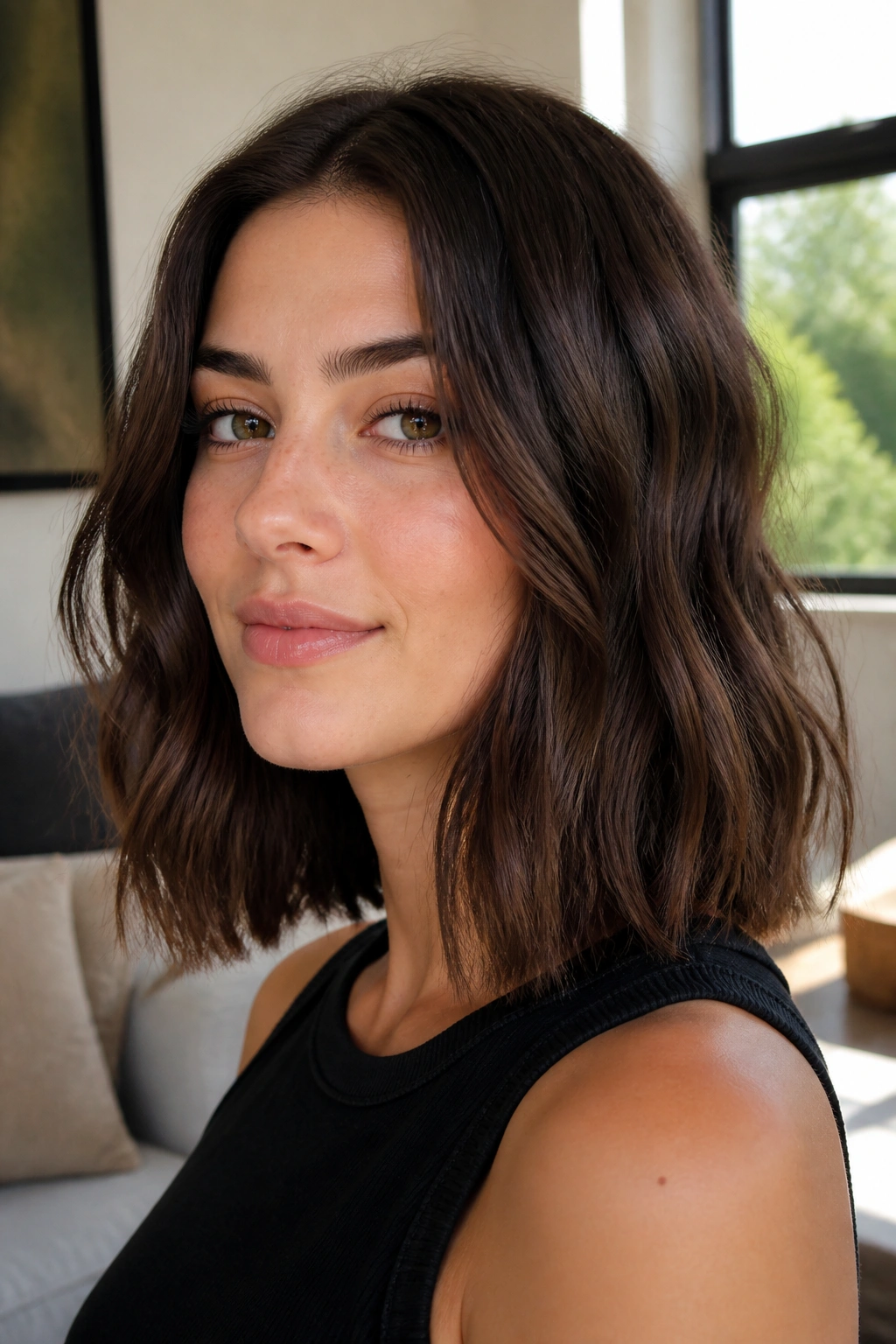 Real person with blunt midi cut showing hidden internal texturizing for mid-length control