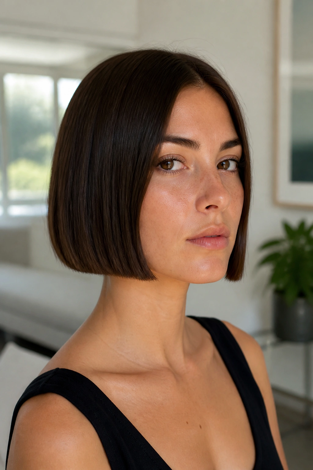 Close-up portrait of a real woman with blunt one-length French bob with crisp jawline