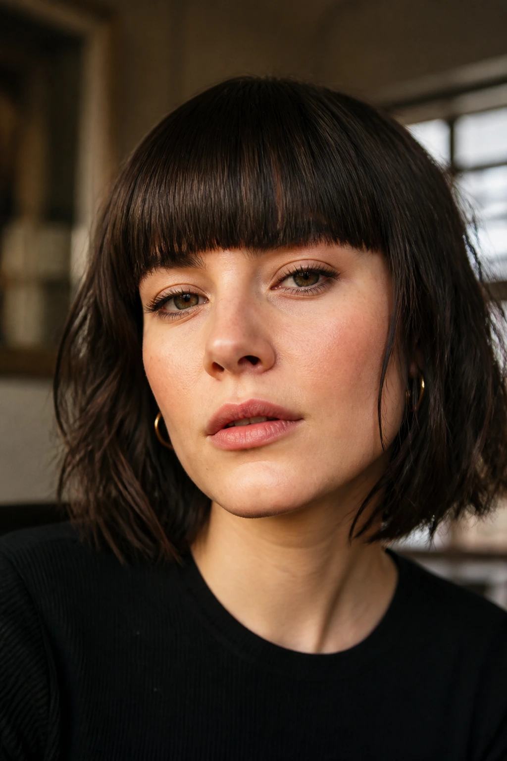Close-up portrait of a real person with blunt over-eyebrow bangs in a stylish interior