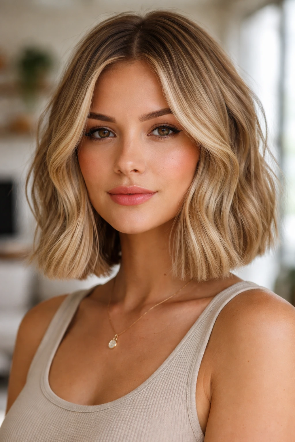 Close-up of a real woman with a blunt perimeter bob in natural daylight
