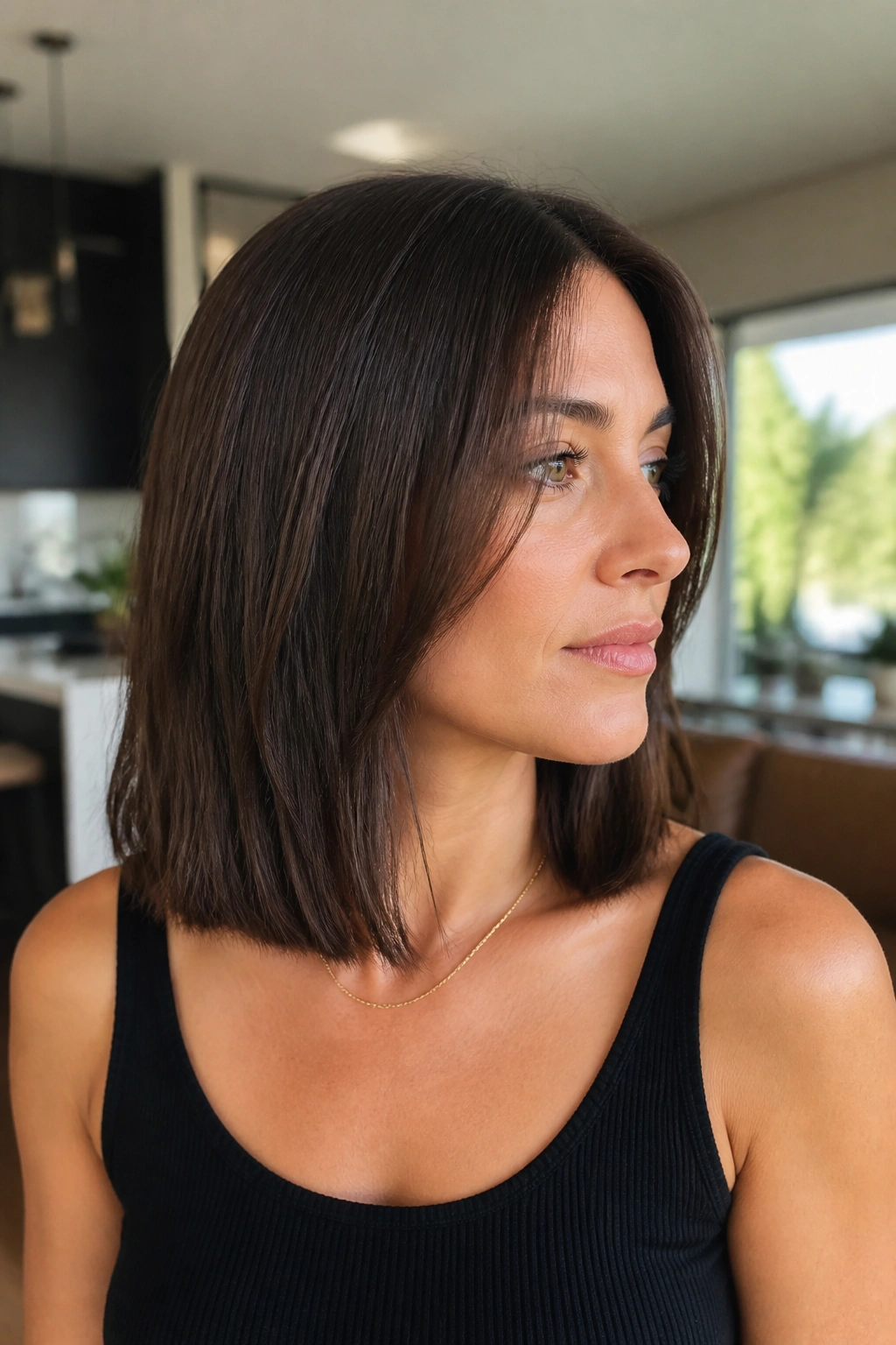 Close-up of a person showing a blunt-perimeter cut with hidden layers