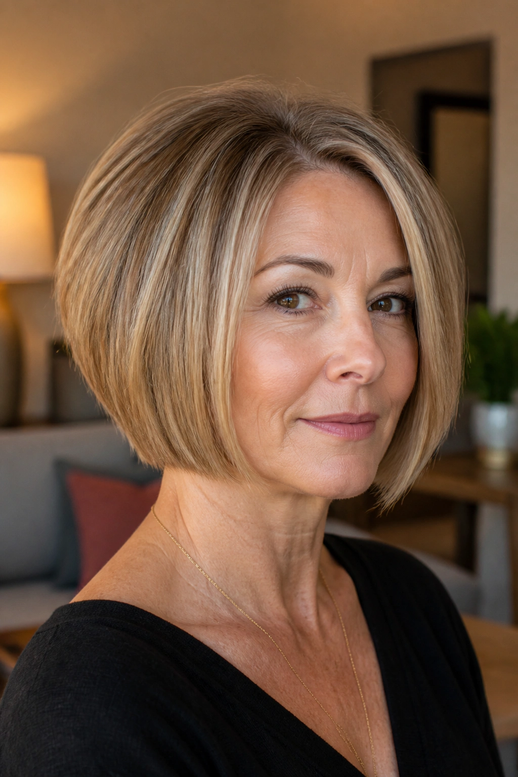 Portrait of a real woman with blunt perimeter graduation stacked bob