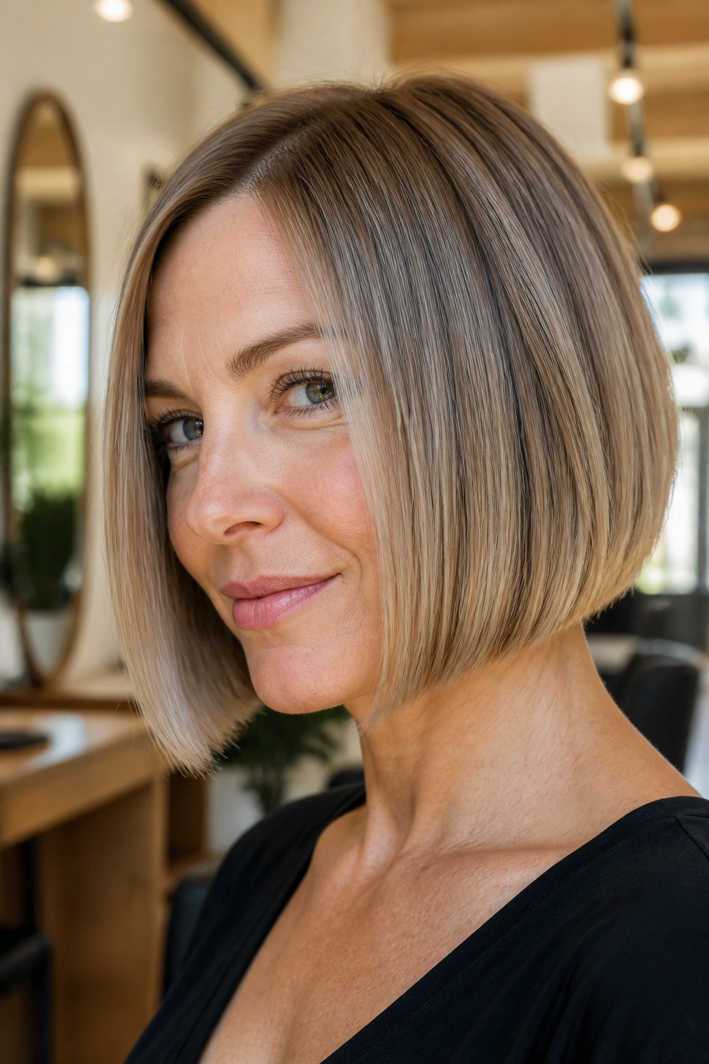 Close-up portrait of a real woman with a blunt perimeter inverted bob in natural window light