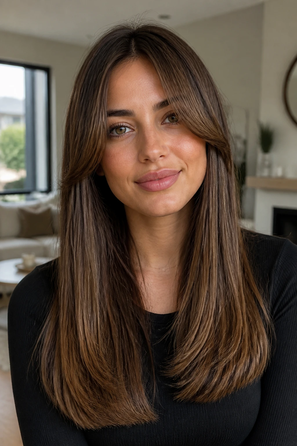 Real woman with blunt perimeter and light top layers in brown hair