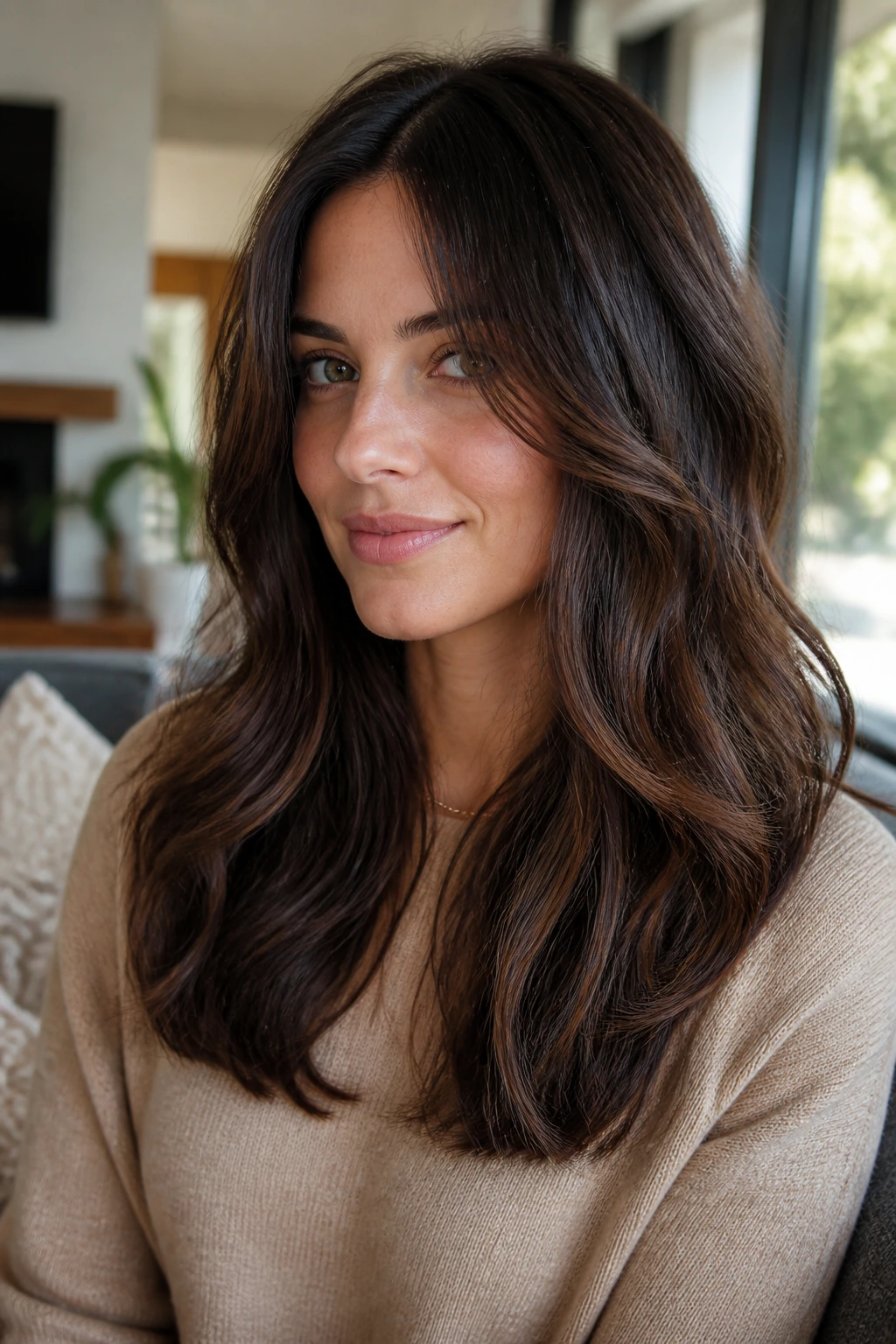 Close-up of a real woman with a blunt perimeter and long interior layers in thick wavy hair
