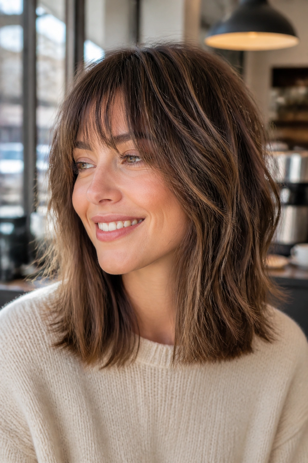 Shoulder-up portrait of a real woman with blunt-perimeter shag