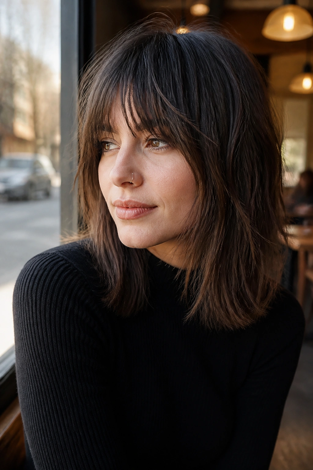 Close-up portrait of a real woman with blunt-perimeter shag showing clean ends and subtle internal layers.