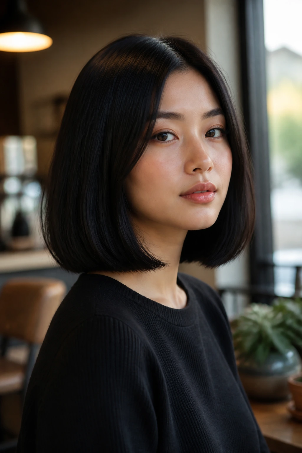 Close-up of a real woman with a polished blunt lob and soft interior under warm daylight