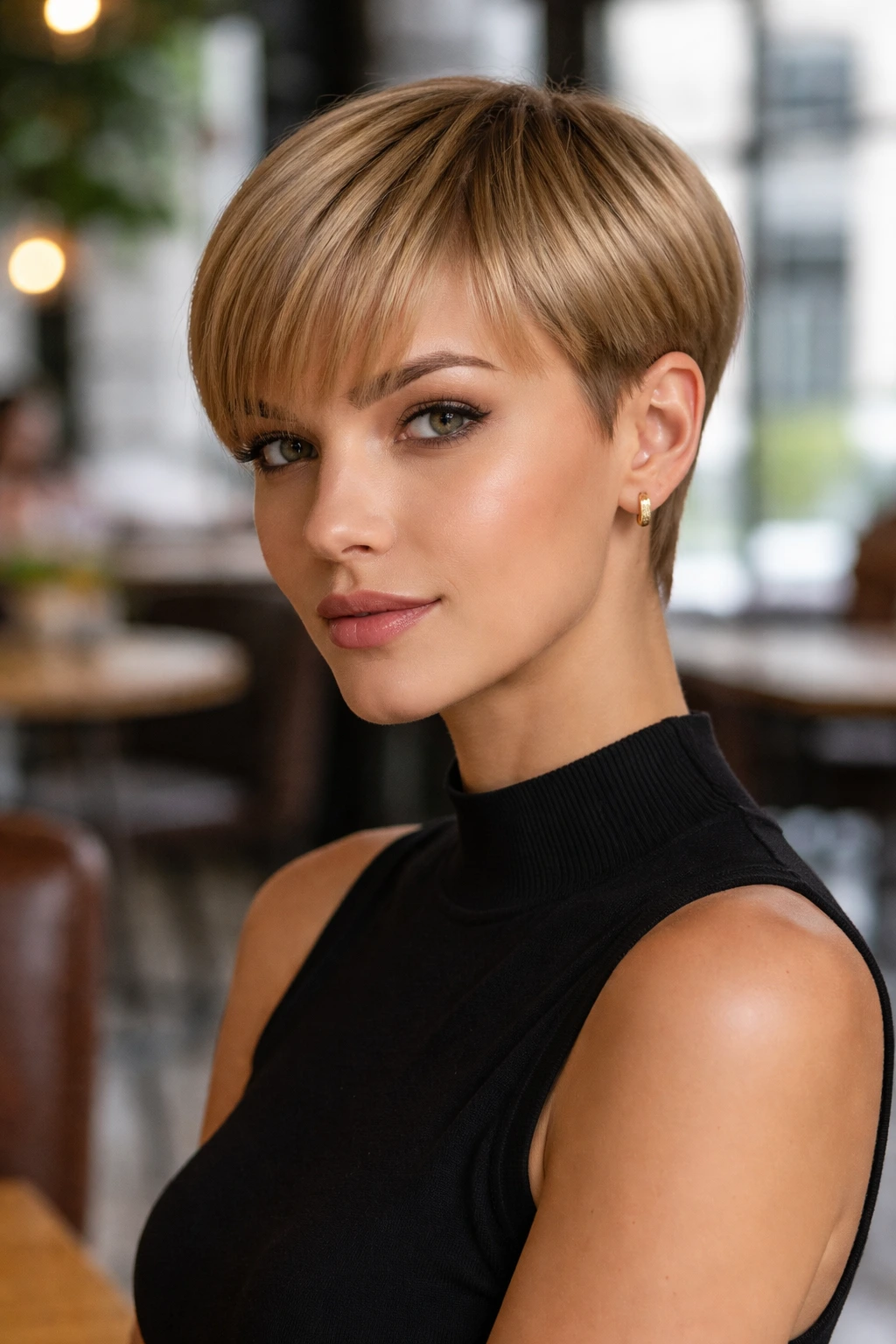 Portrait of a woman with blunt pixie showing crisp blunt ends.