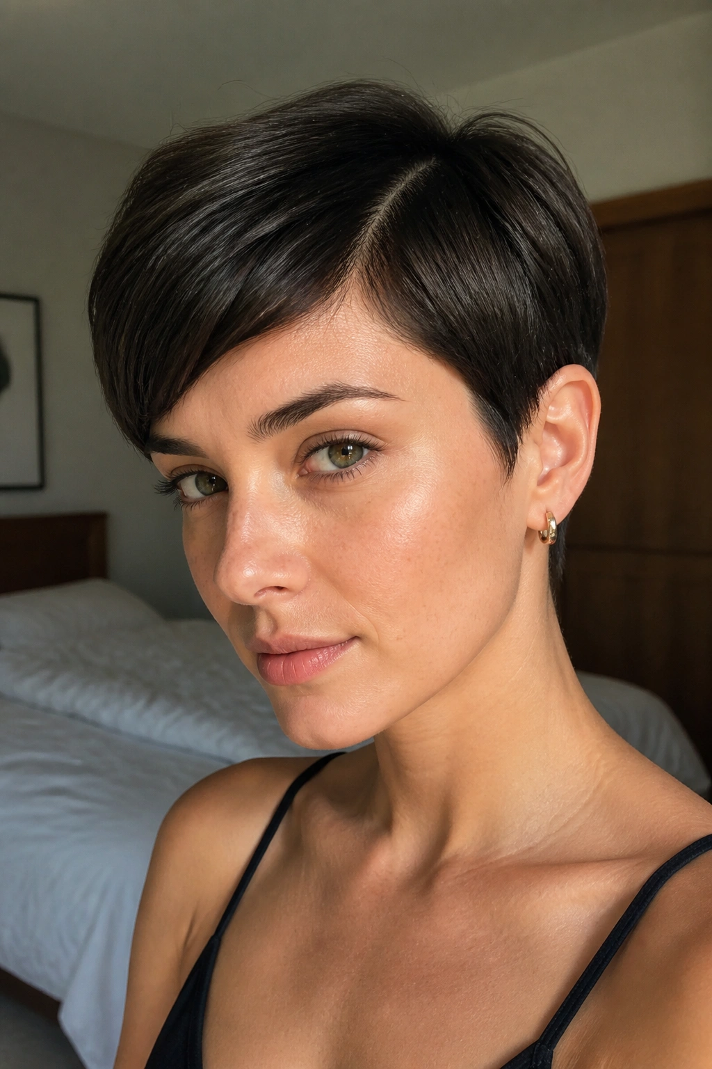 Close-up portrait of a real woman with a blunt pixie cut in natural window light