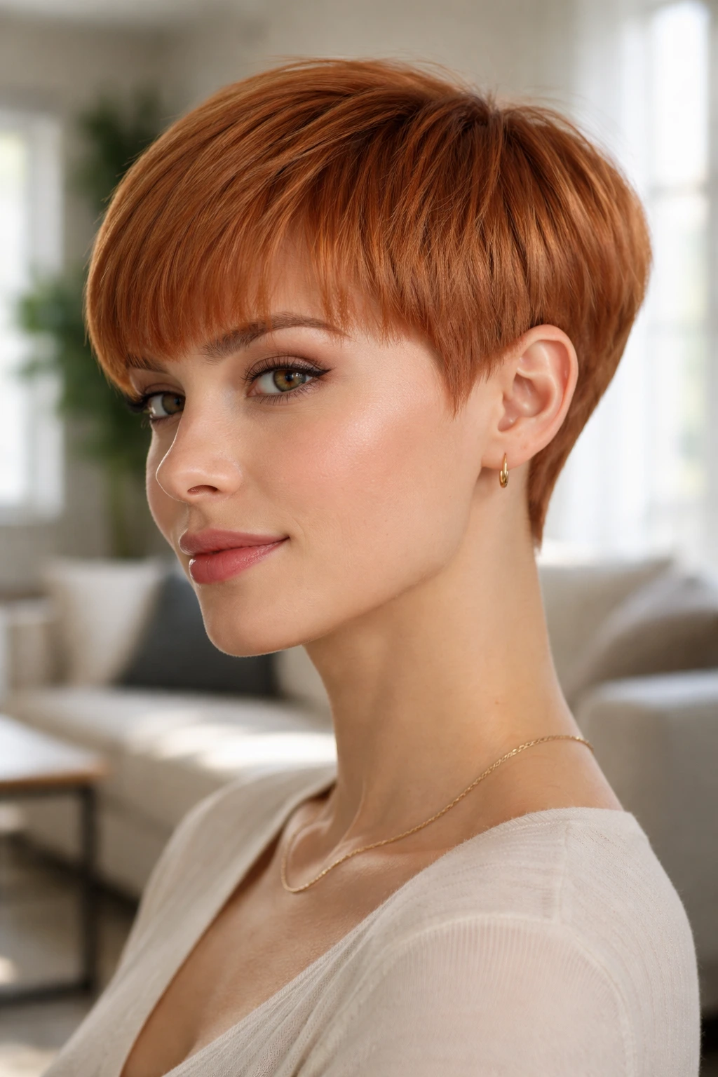 Close-up portrait of a woman with a blunt strawberry pixie cut