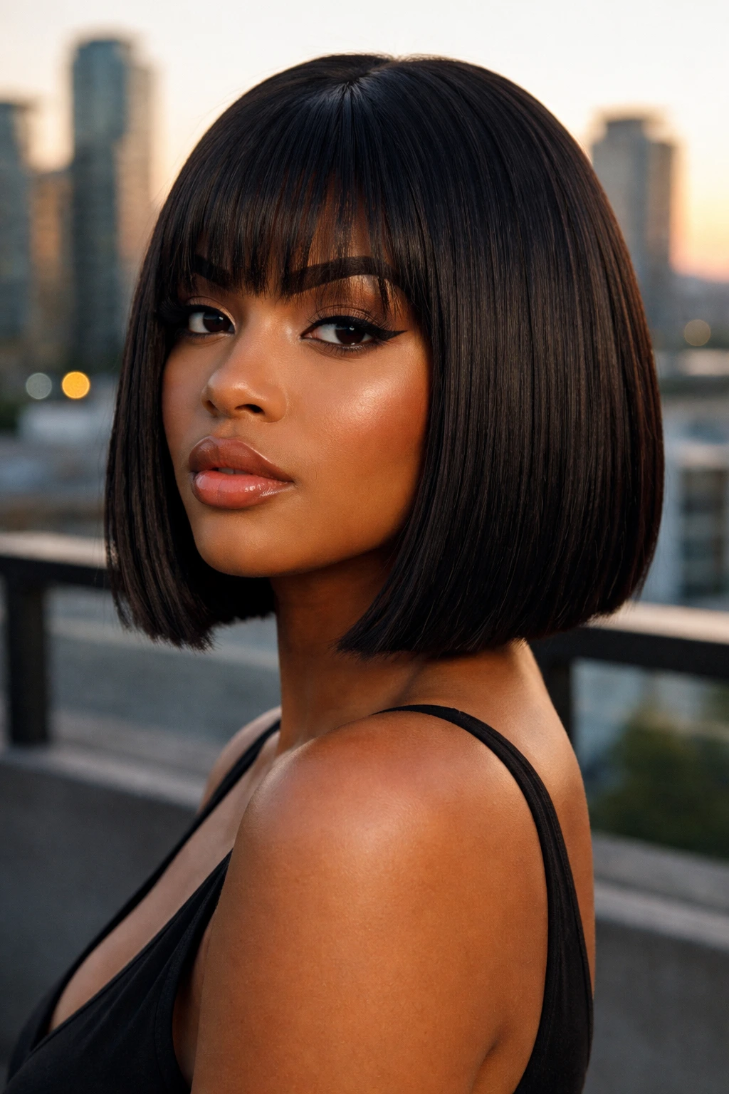 Portrait of a real person with a blunt razor-cut bob and sharp ends in dusk-lit rooftop setting