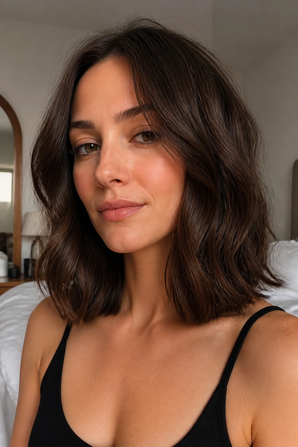 Close-up of woman with blunt shoulder cut and hidden interior layers in warm bedroom light