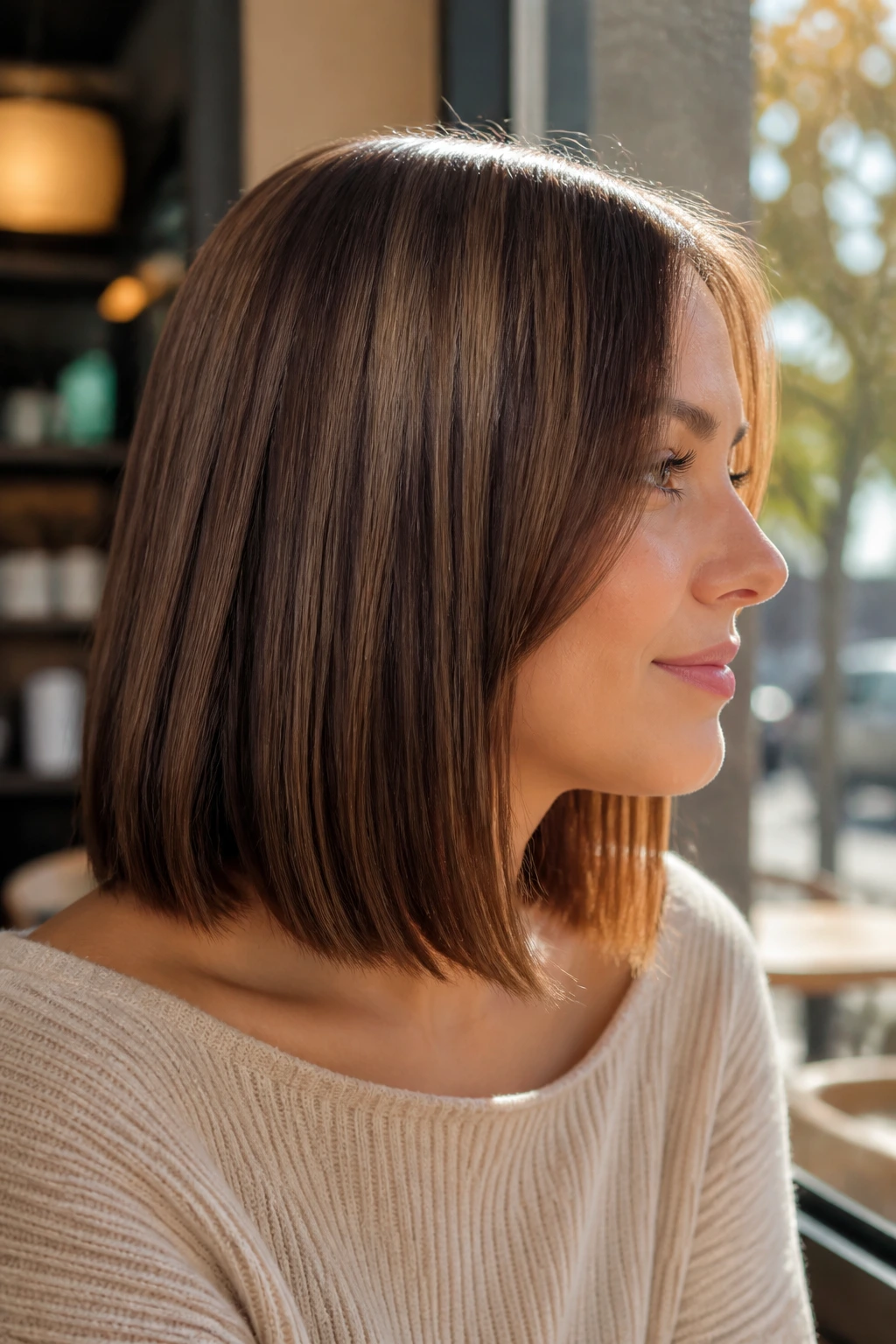 Close-up of a real woman with a blunt shoulder-length haircut showing hidden movement.