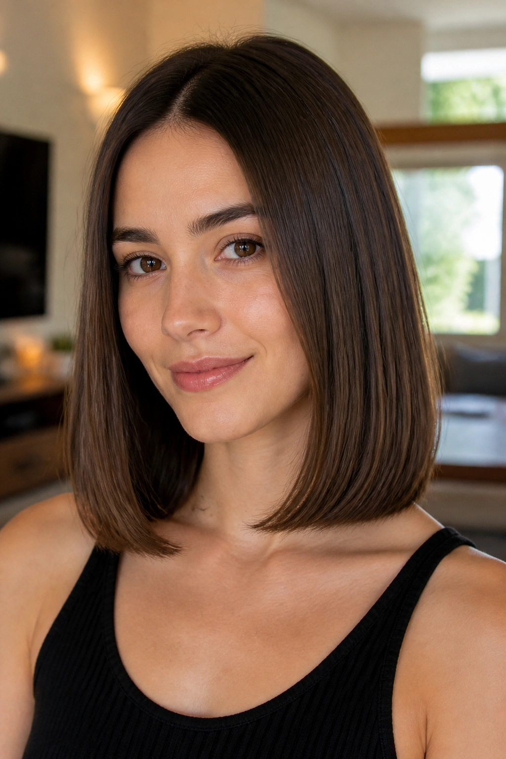Real person with a blunt shoulder cut and subtle underbevel in warm lighting