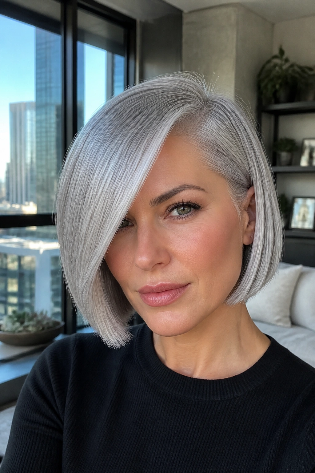 Close-up portrait of a real woman with blunt silver bob and deep side part in natural window light