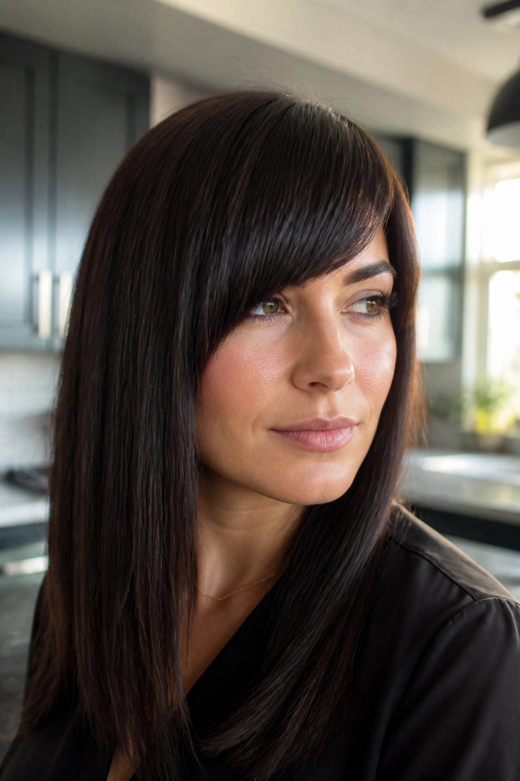 Close-up portrait of a real woman with blunt slanted side bangs on thick straight hair