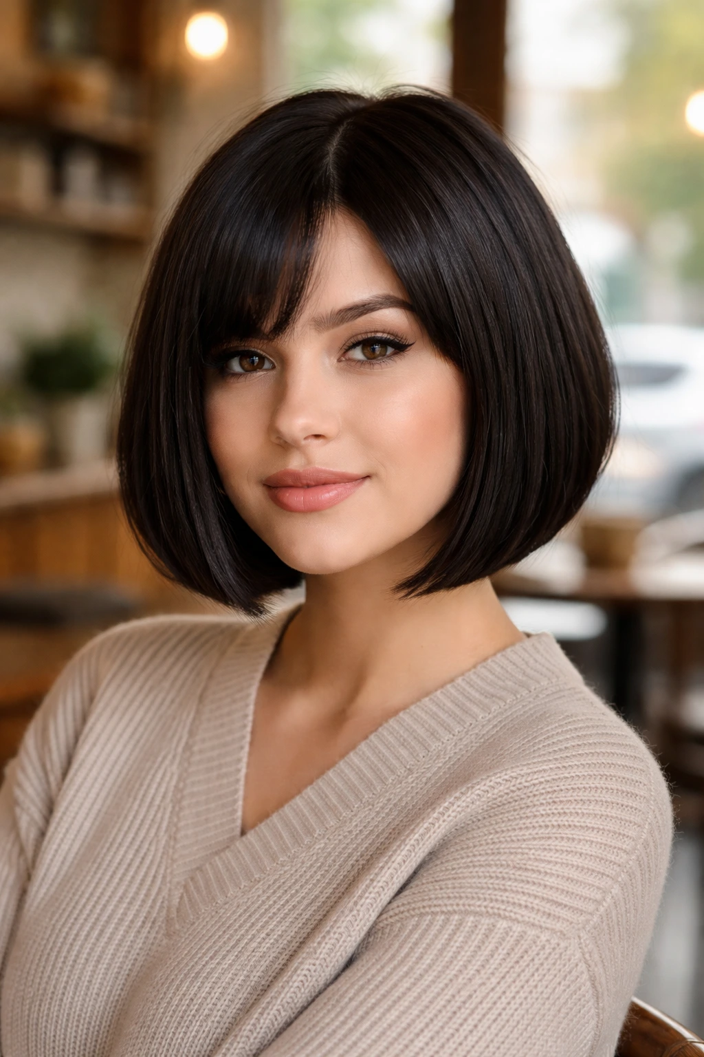 Real person with blunt stack hairstyle in a cozy cafe setting.
