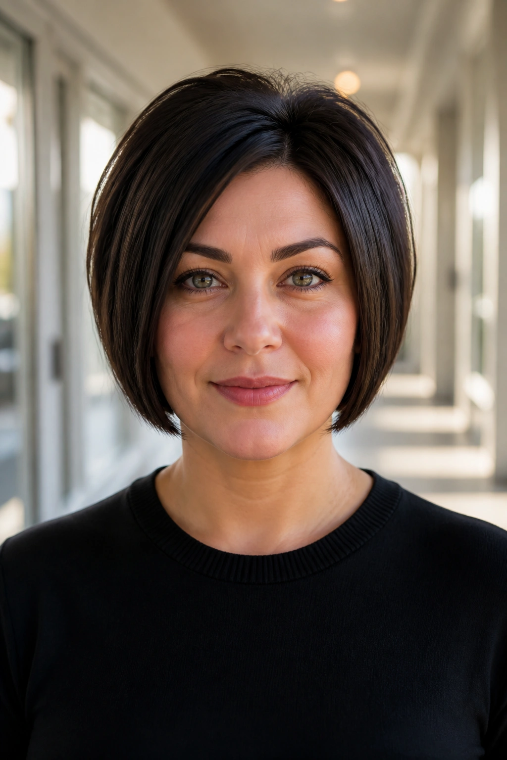 Close-up of real woman with blunt stacked bob