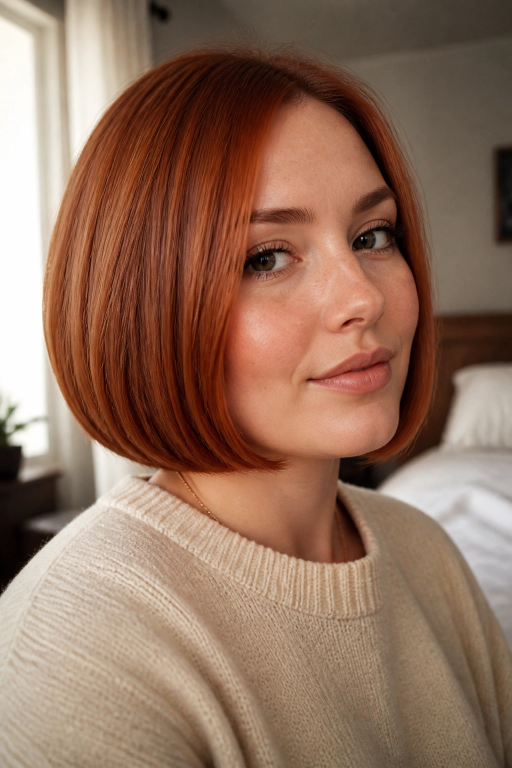 Close-up of a real woman with a jaw-length blunt strawberry bob and tucked ends in warm window light