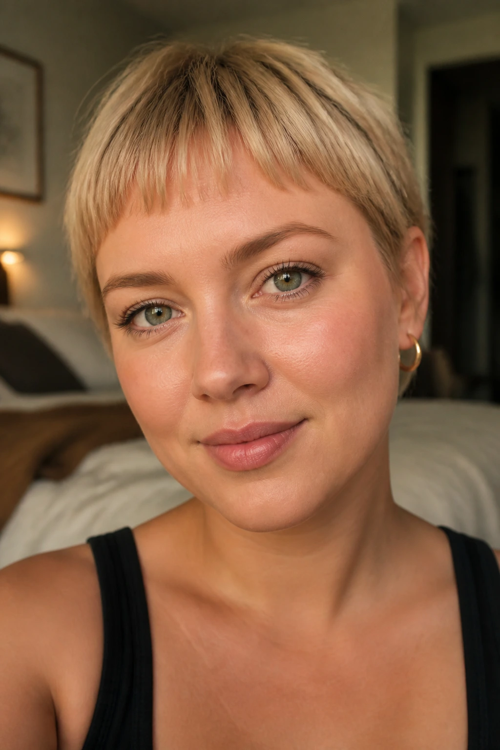 Close-up portrait of a real woman with blunt-textured short bangs in sandy blonde