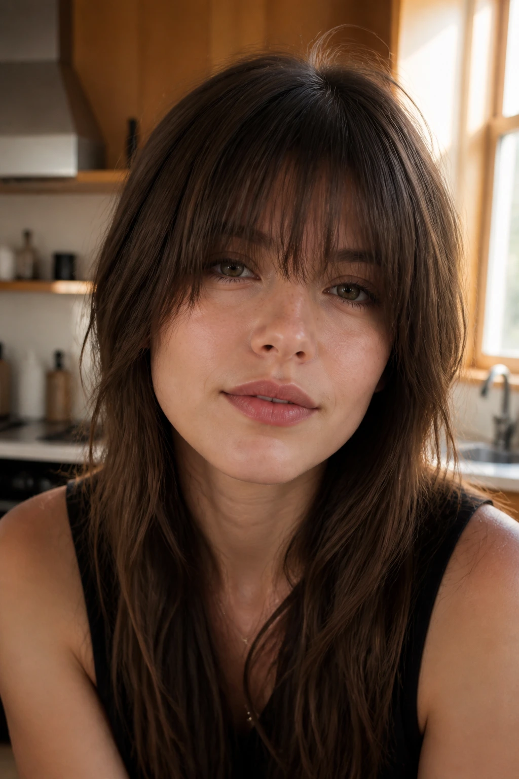 Close-up portrait of a real woman with long blunt textured fringe