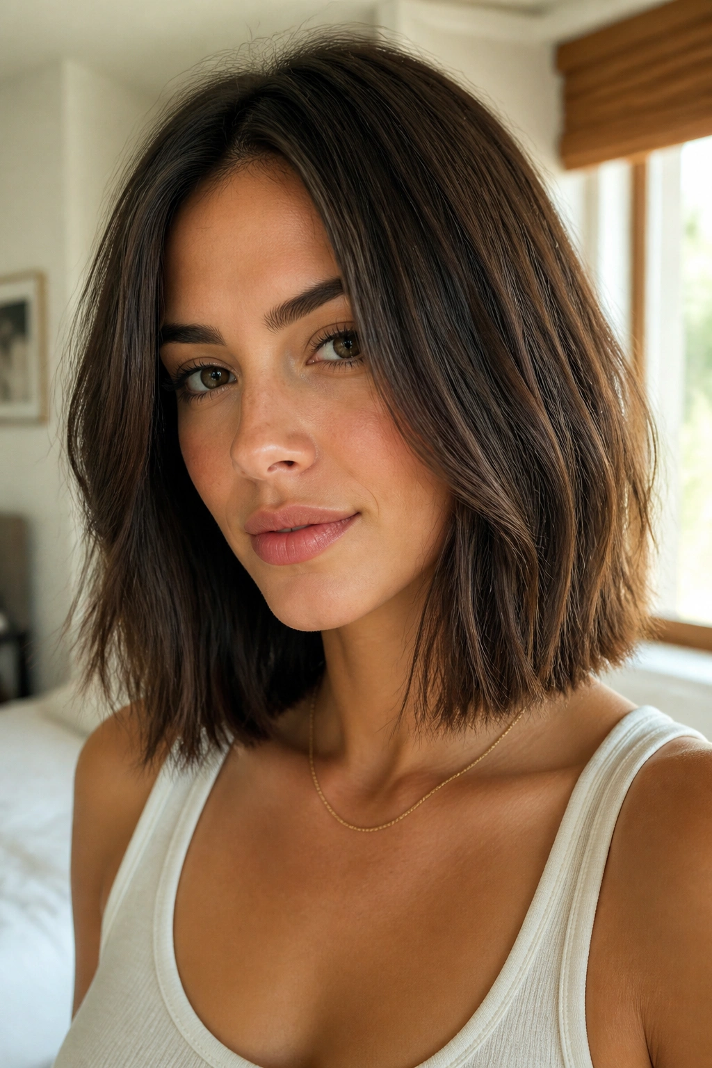 Close-up of blunt textured lob with soft ends on a real woman with collarbone-length hair