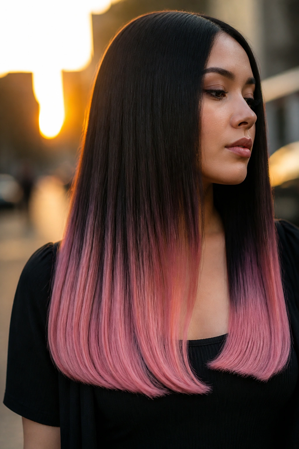 Close-up portrait of a real woman with black-to-pink ombre and a blunt U-shaped end.